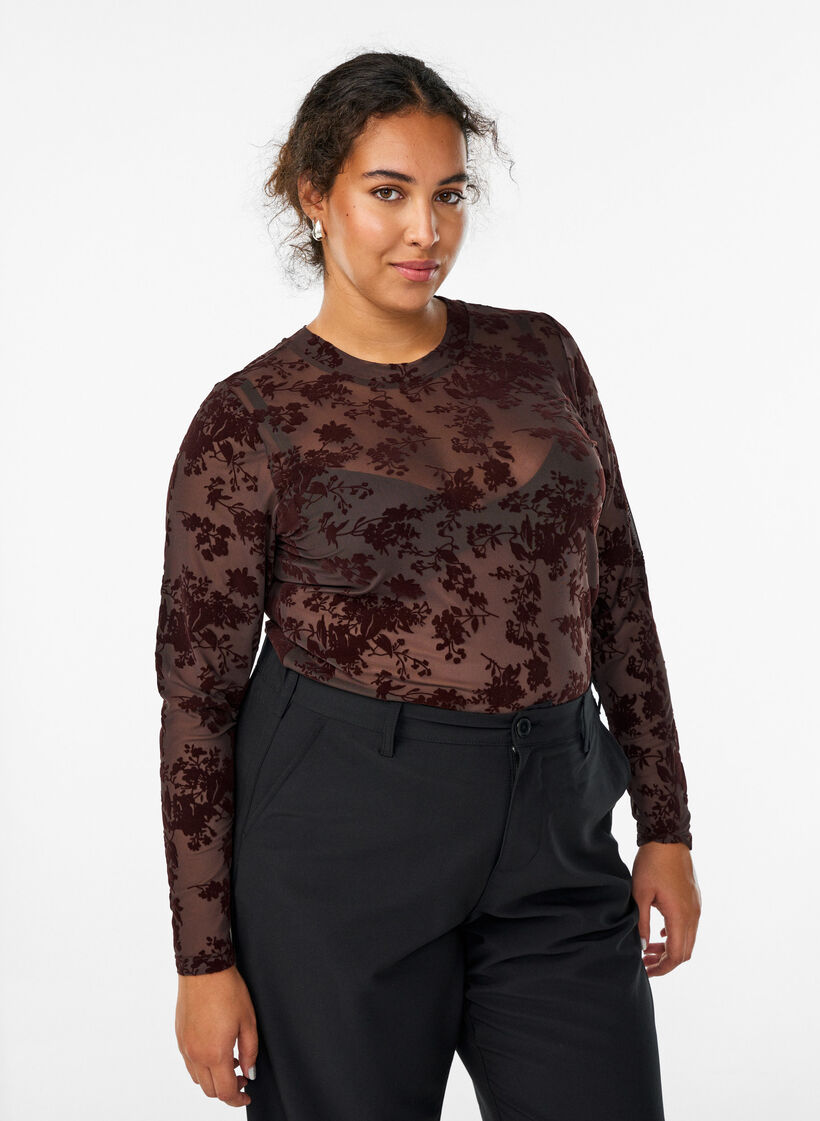 Meshbluse mit Blumenmuster, Braun, Model image number 0