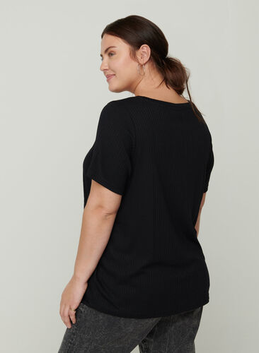 Einfarbiges Ripp T-Shirt mit kurzen Ärmeln, Black, Model image number 1