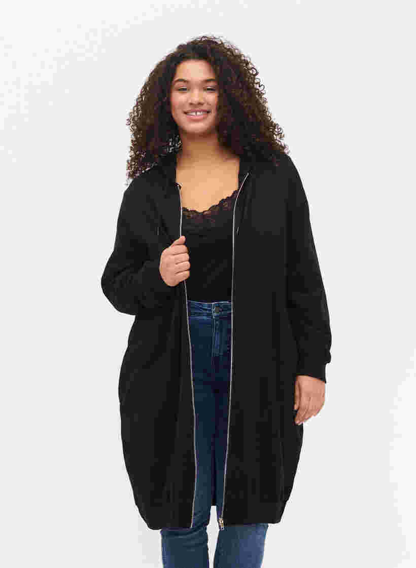 Lange Sweatjacke aus Baumwolle mit Kapuze, Black, Model
