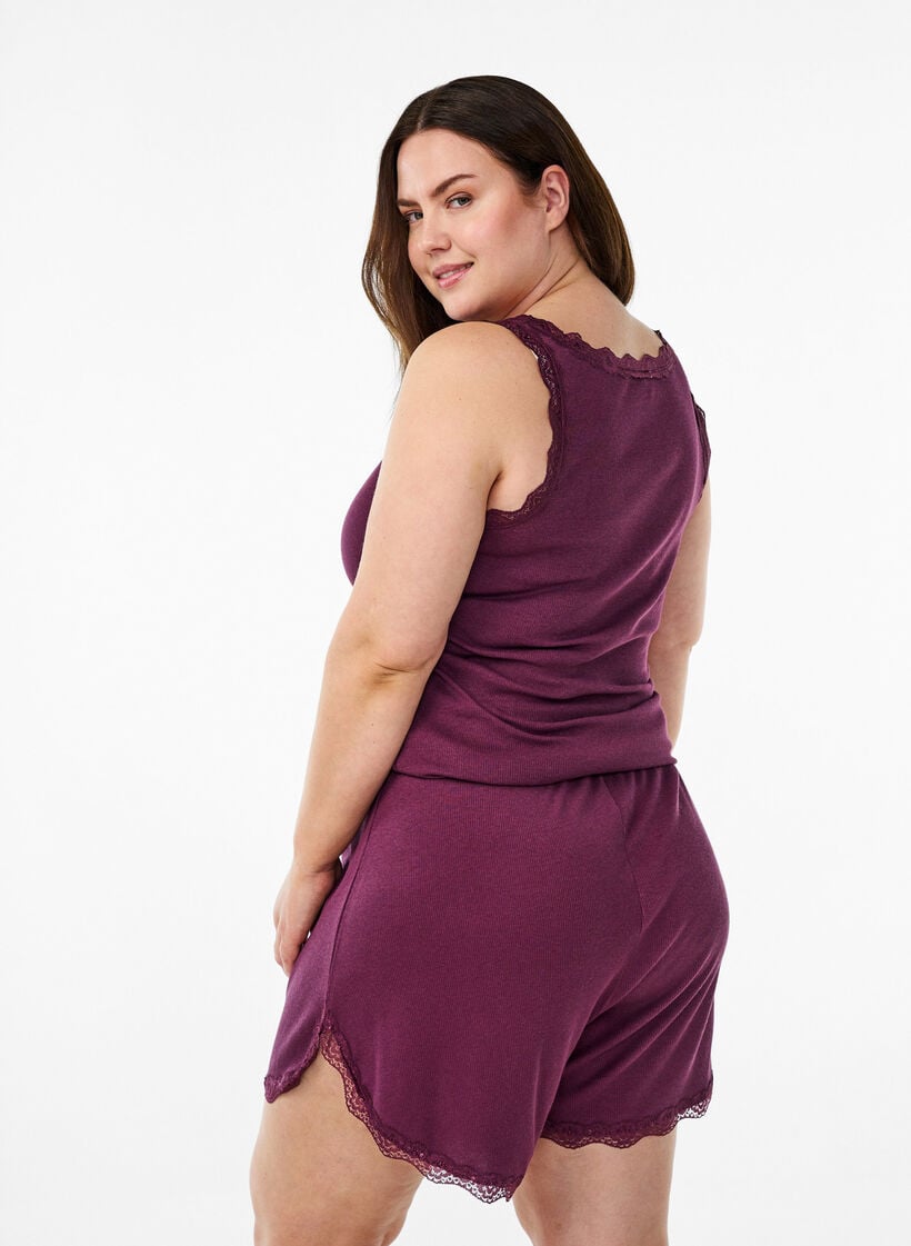 Lockere Nachtshorts aus geripptem Material mit Spitzensaum, Dunkles Bordeaux, Model image number 2