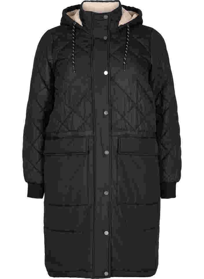 Gesteppte Jacke mit Kapuze und verstellbarer Taille, Black, Packshot image number 0