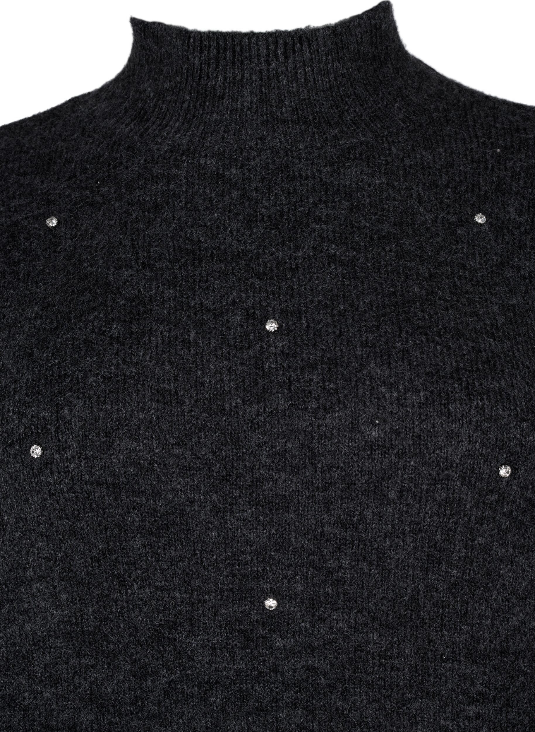 Zizzi Strickbluse mit Strass und hohem Ausschnitt, Dark Grey Melange, Packshot image number 2