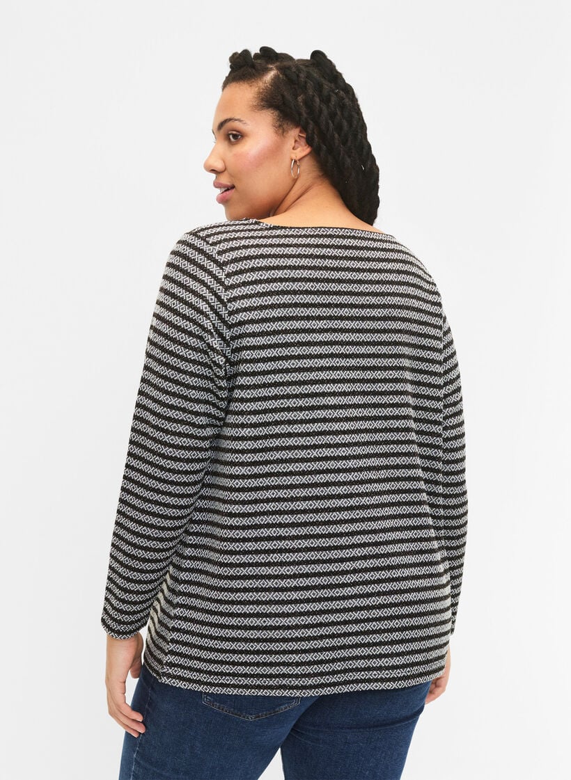  Rundhalsbluse mit Streifenmuster, Black Stripe, Model image number 1
