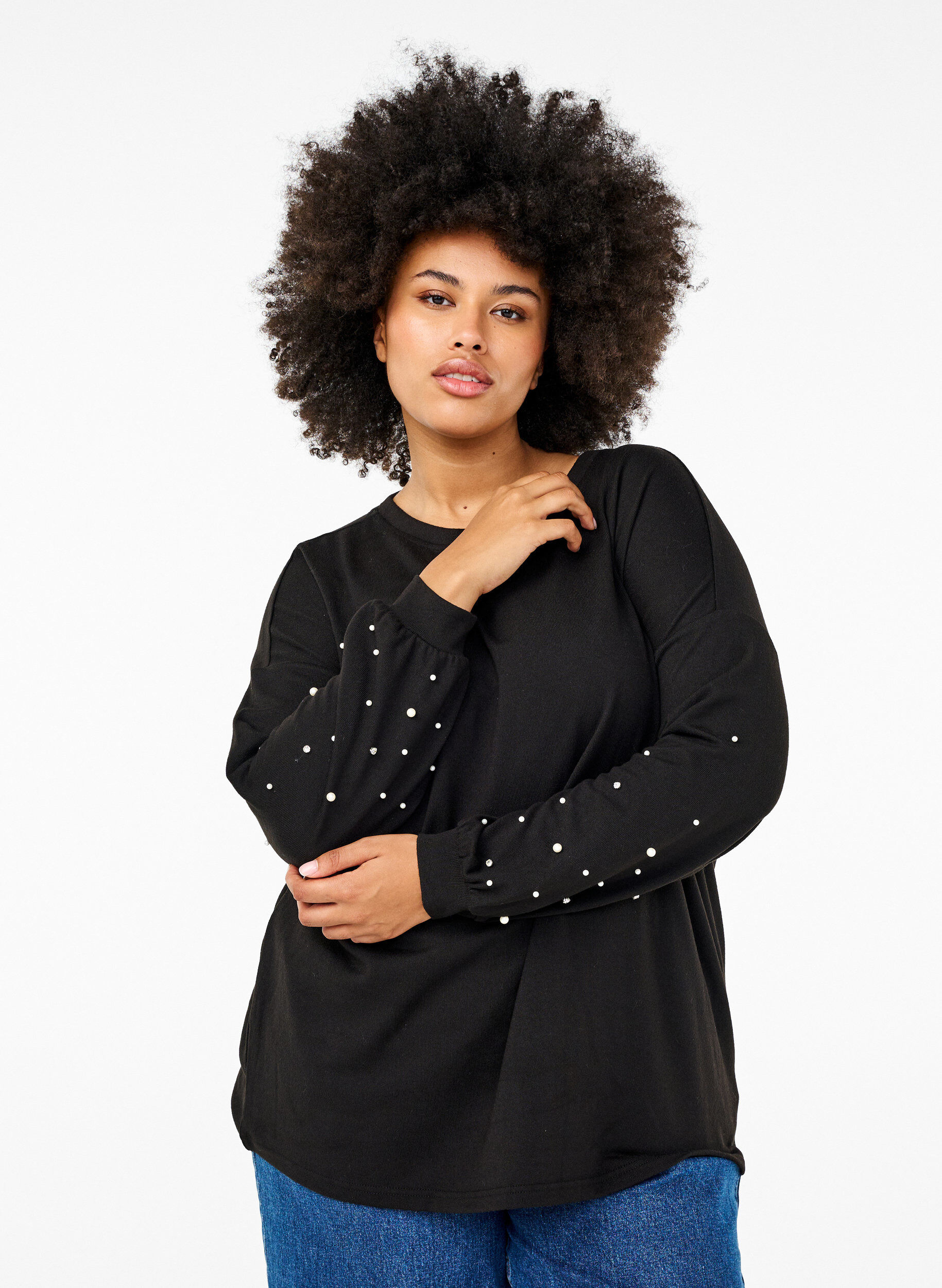ZizziEinfarbige Bluse mit Perlen, Black, Model image number 0