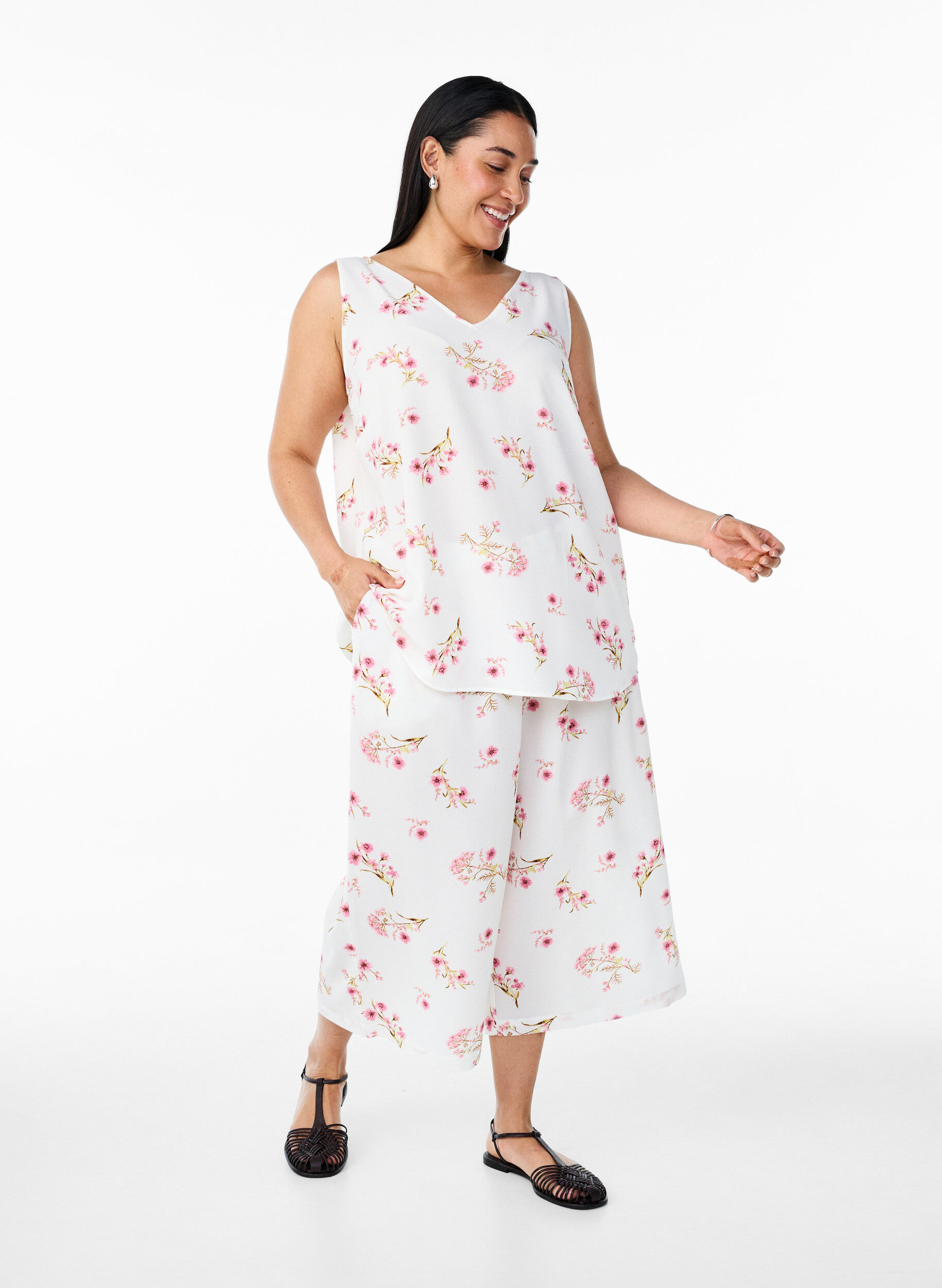 ZizziBedrucktes Oberteil mit V-Ausschnitt, Wei&szlig;, Model image number 1