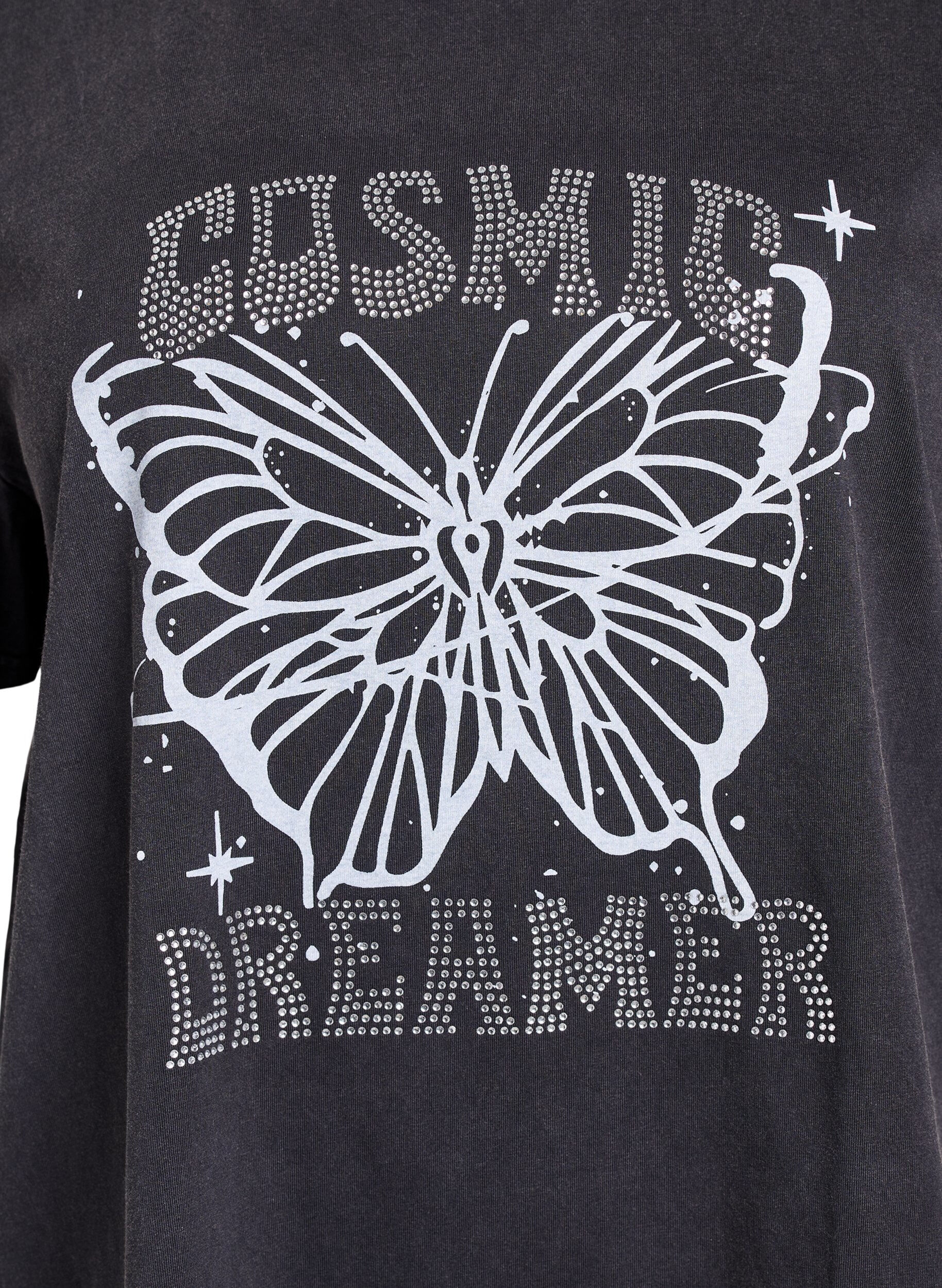 ZizziT-Shirt aus Bio-Baumwolle mit Strass und Schmetterlingsmotiv, Grau, Packshot image number 2