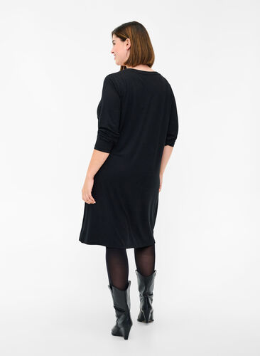 Einfarbiges Kleid mit V-Ausschnitt und langen Ärmeln, Black, Model image number 1