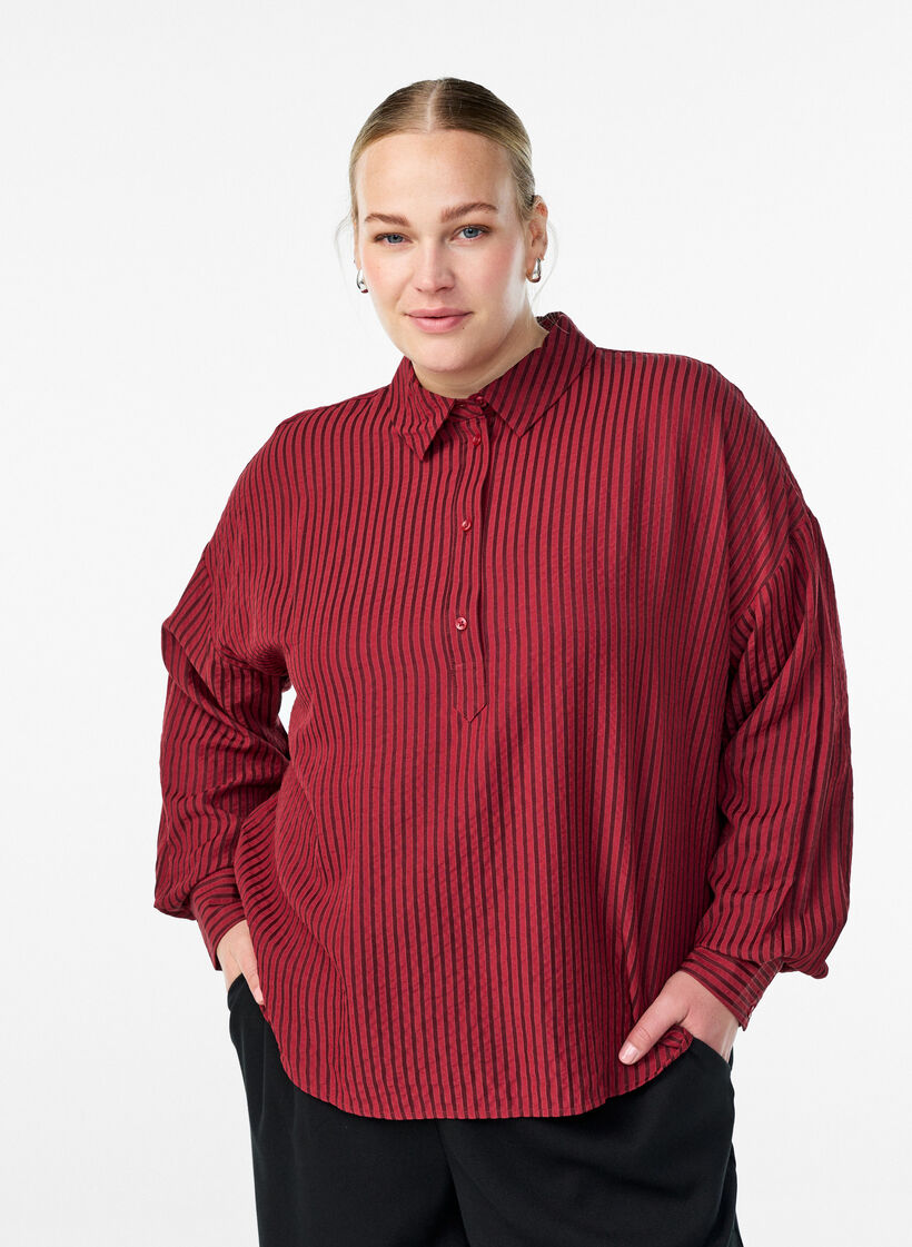 Gestreifte Bluse mit Knopfdetail am Rücken, Rot, Model image number 0