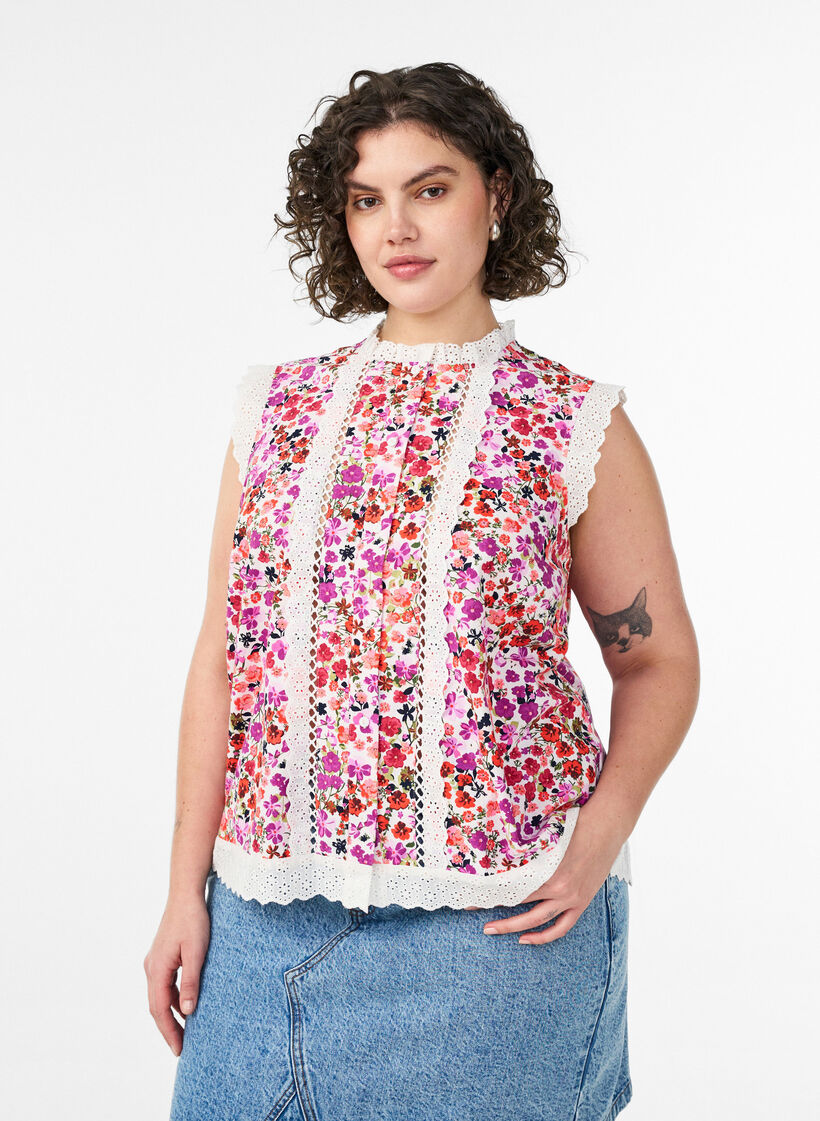 &Auml;rmellose Bluse aus Baumwolle mit Blumenprint und Broderie Anglaise, Pink, Model image number 0