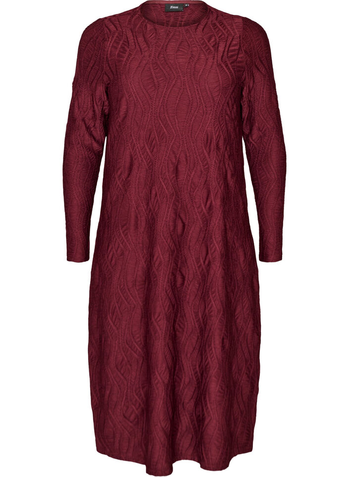 Midikleid mit gewellter Struktur und langen &Auml;rmeln, Rot, Packshot image number 0
