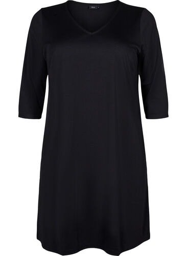 Einfarbiges Kleid mit V-Ausschnitt und 3/4 Ärmeln, Black, Packshot image number 0