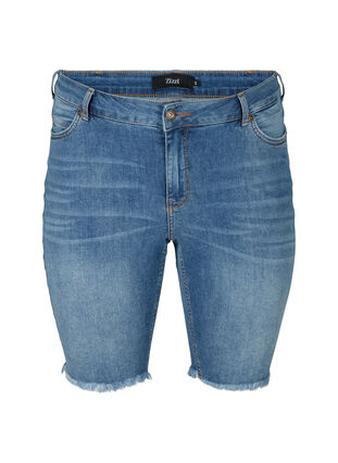 Slim Fit Denim-Shorts mit Fransensaum, Dark blue denim, Packshot image number 0