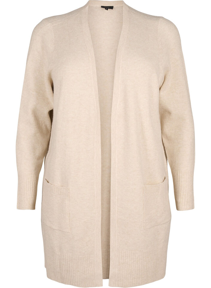 Strickjacke mit Rippenstrick und Taschen, Beige, Packshot image number 0