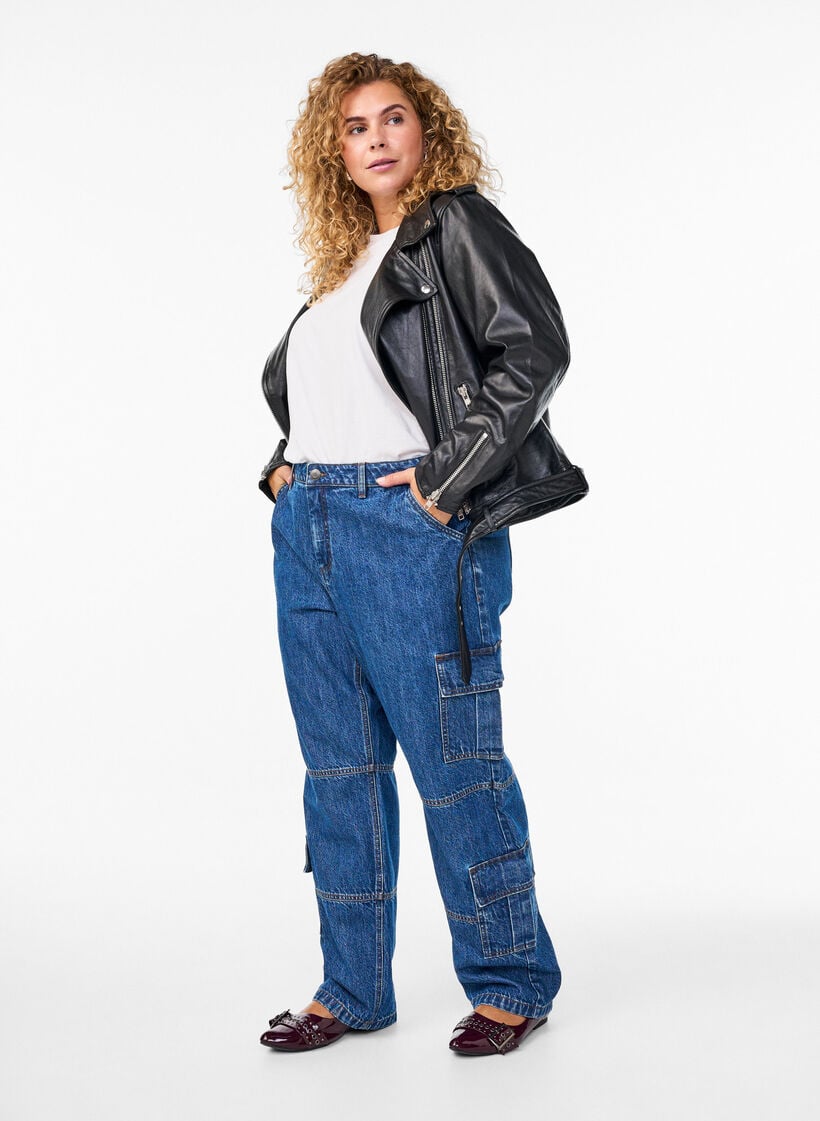 Leder-Bikerjacke mit G&uuml;rtel, Schwarz, Model image number 1