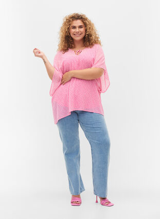 Kurzarm Bluse mit Bindebändern und Print , Pink Ditzy Flower, Model image number 2