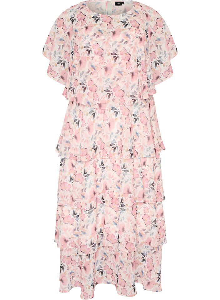 Maxikleid mit R&uuml;schen-Volants und abnehmbarem Cape, Wei&szlig;, Packshot image number 0