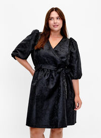 Kurzes Wrap-Kleid mit 3/4-Ärmeln, Black, Model