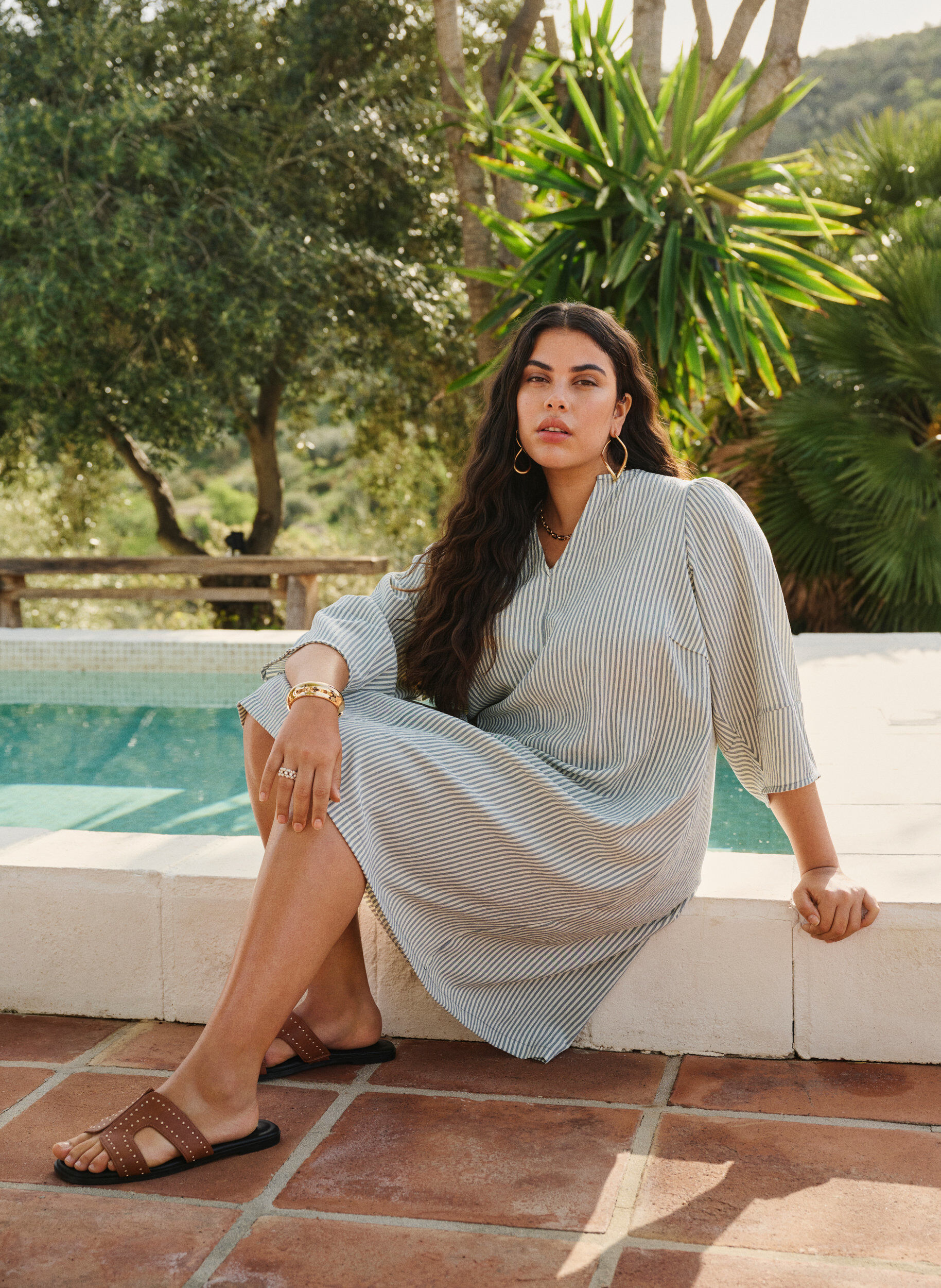 ZizziGestreiftes Kleid mit 3/4-&Auml;rmeln, Green Stripe, Image image number 0