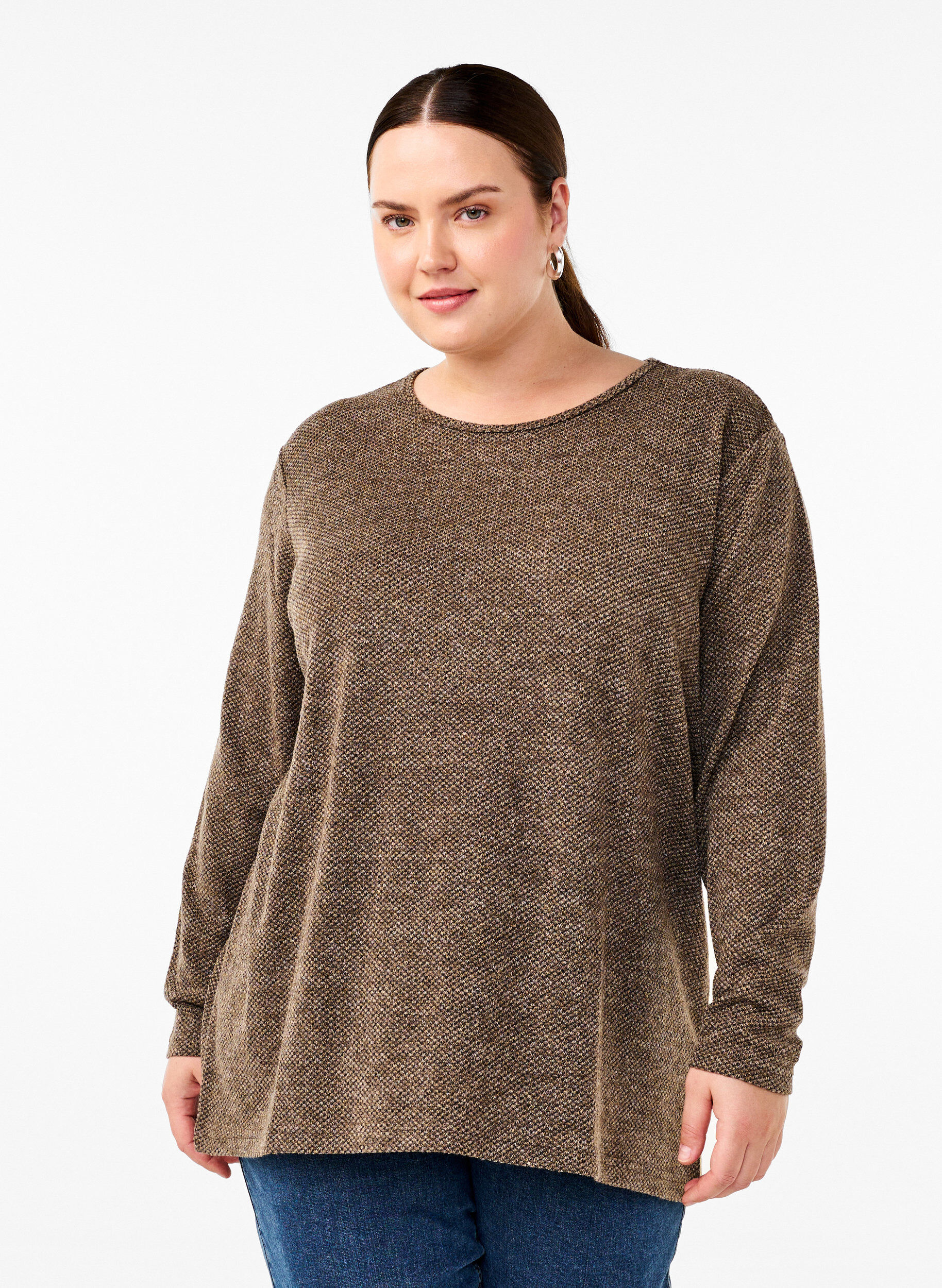 ZizziMelange Bluse mit rund um den Neck und langen &Auml;rmel, Caribou, Model image number 0