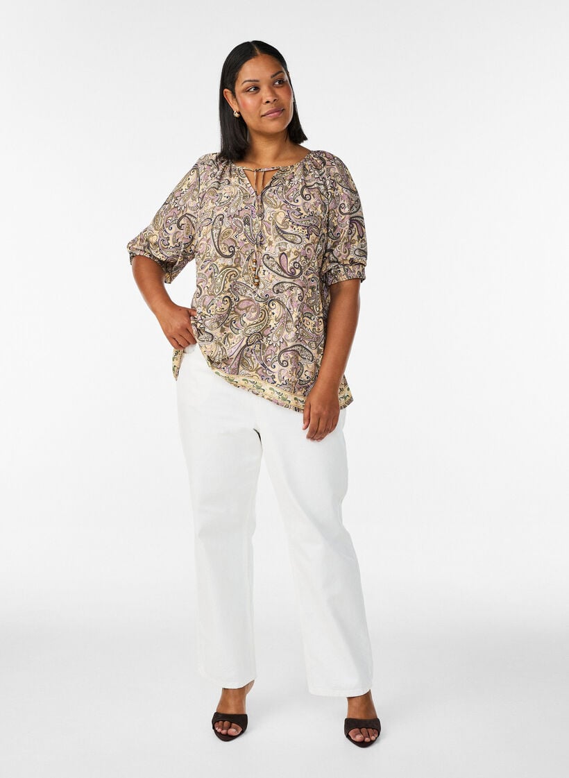 Bluse aus Viskose mit Paisley-Muster und Bindeband, Gelb, Model image number 1