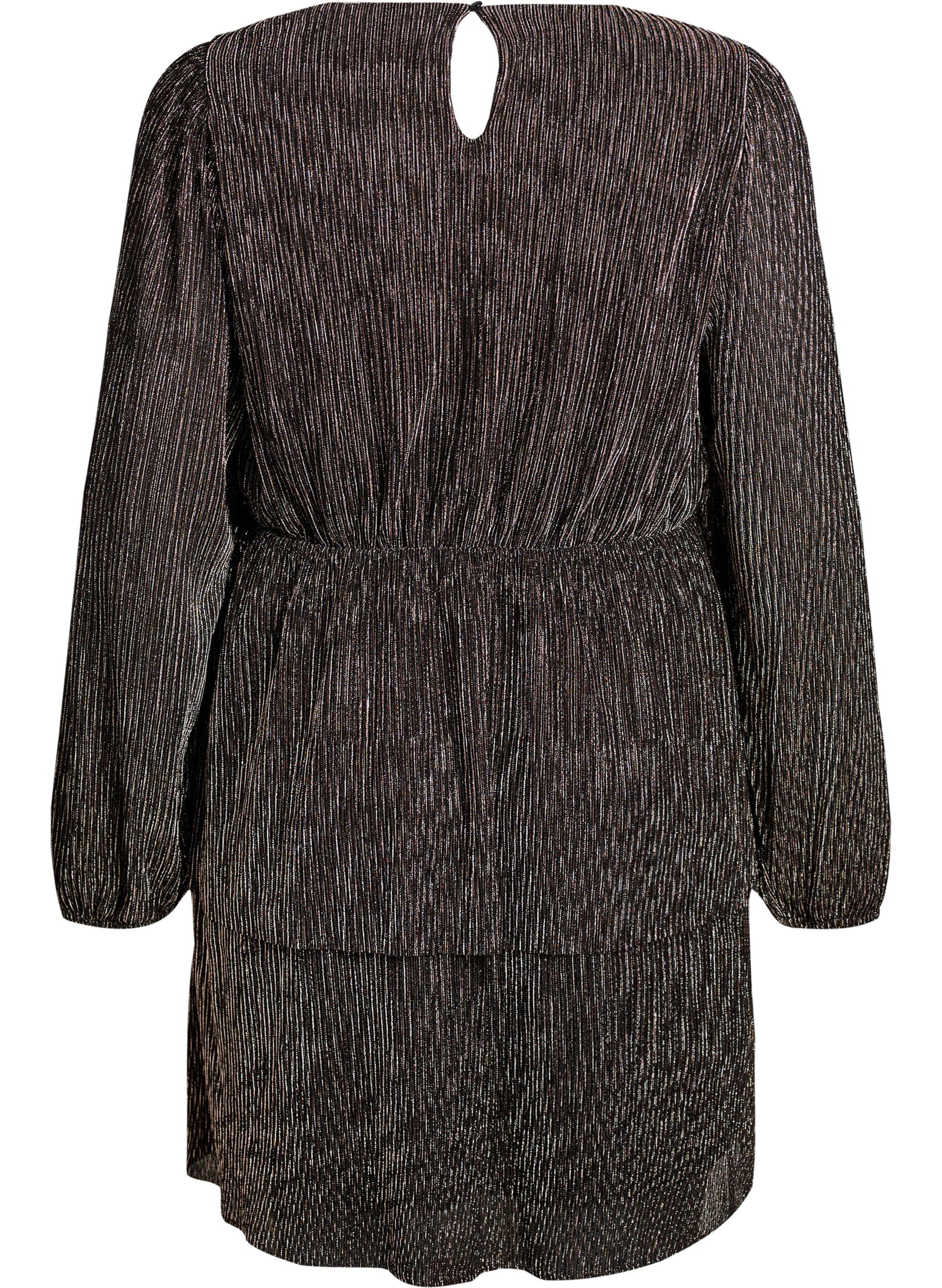 ZizziKurzes Kleid mit Glitzerstreifen und langen &Auml;rmeln, Schwarz, Packshot image number 1