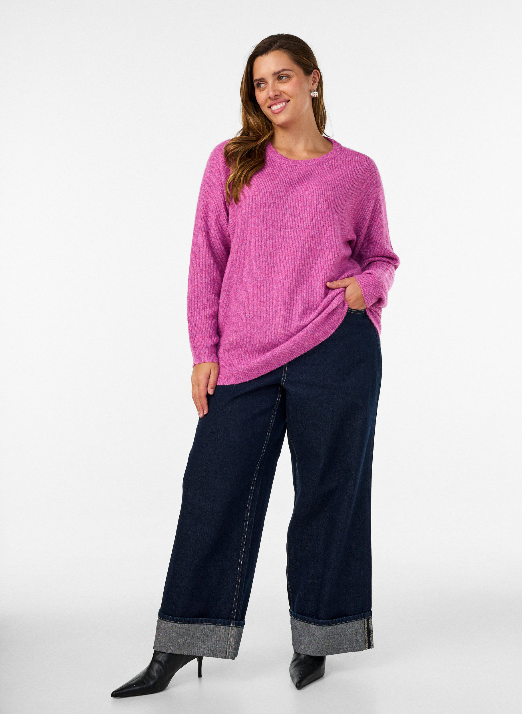 ZizziMelierte Strickbluse mit Rundhalsausschnitt, Lila, Model image number 1