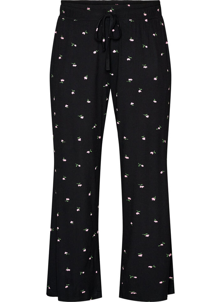 Pyjamahose mit Rippstruktur und gebl&uuml;mtem Print, Schwarz, Packshot image number 0