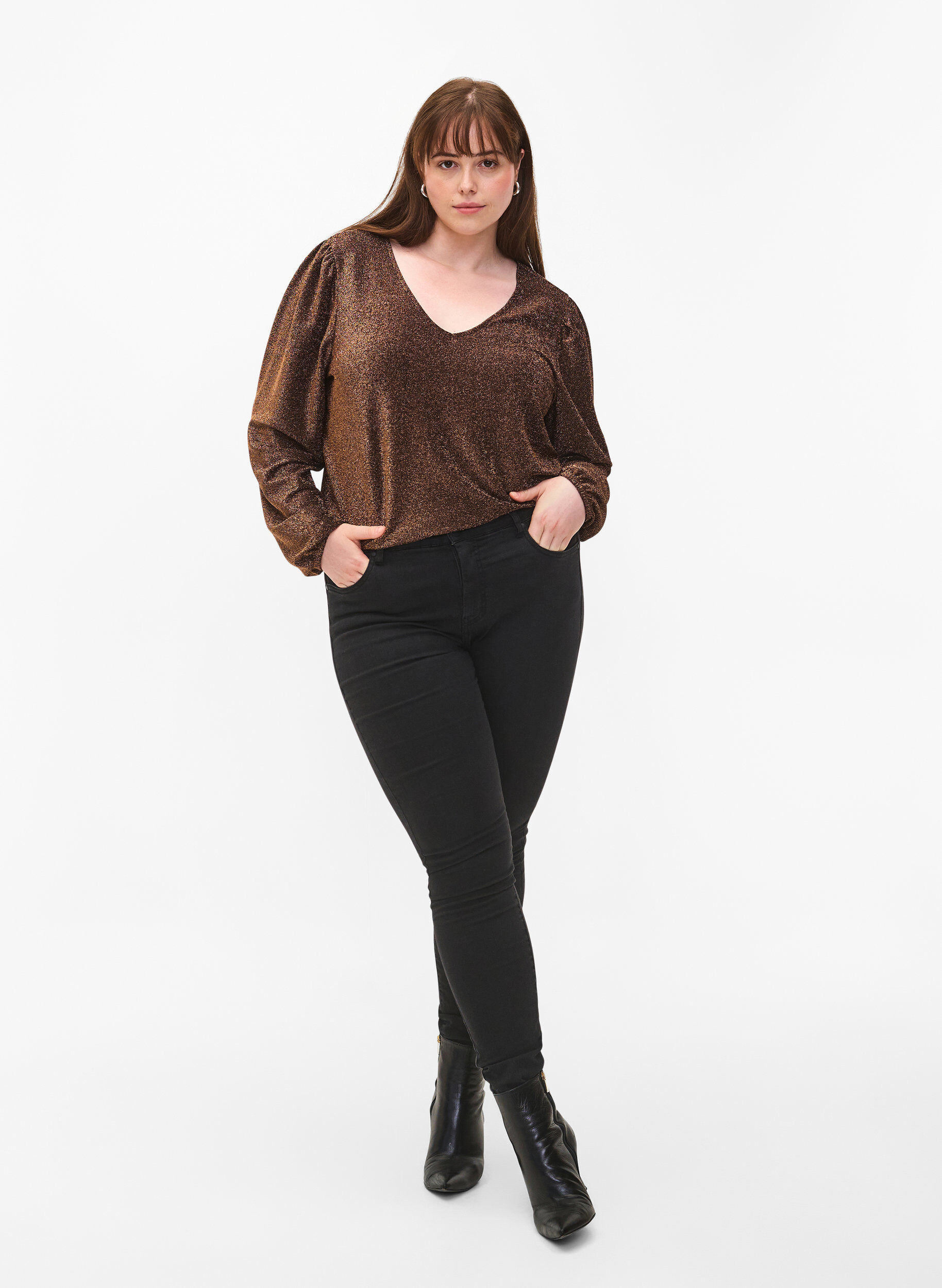 Zizzi Glitzerbluse mit Puff&auml;rmeln, Black Copper, Model image number 2