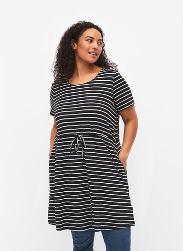 Gestreifte Tunika aus Baumwolle mit kurzen Ärmeln, Black Stripe, Model image number 0