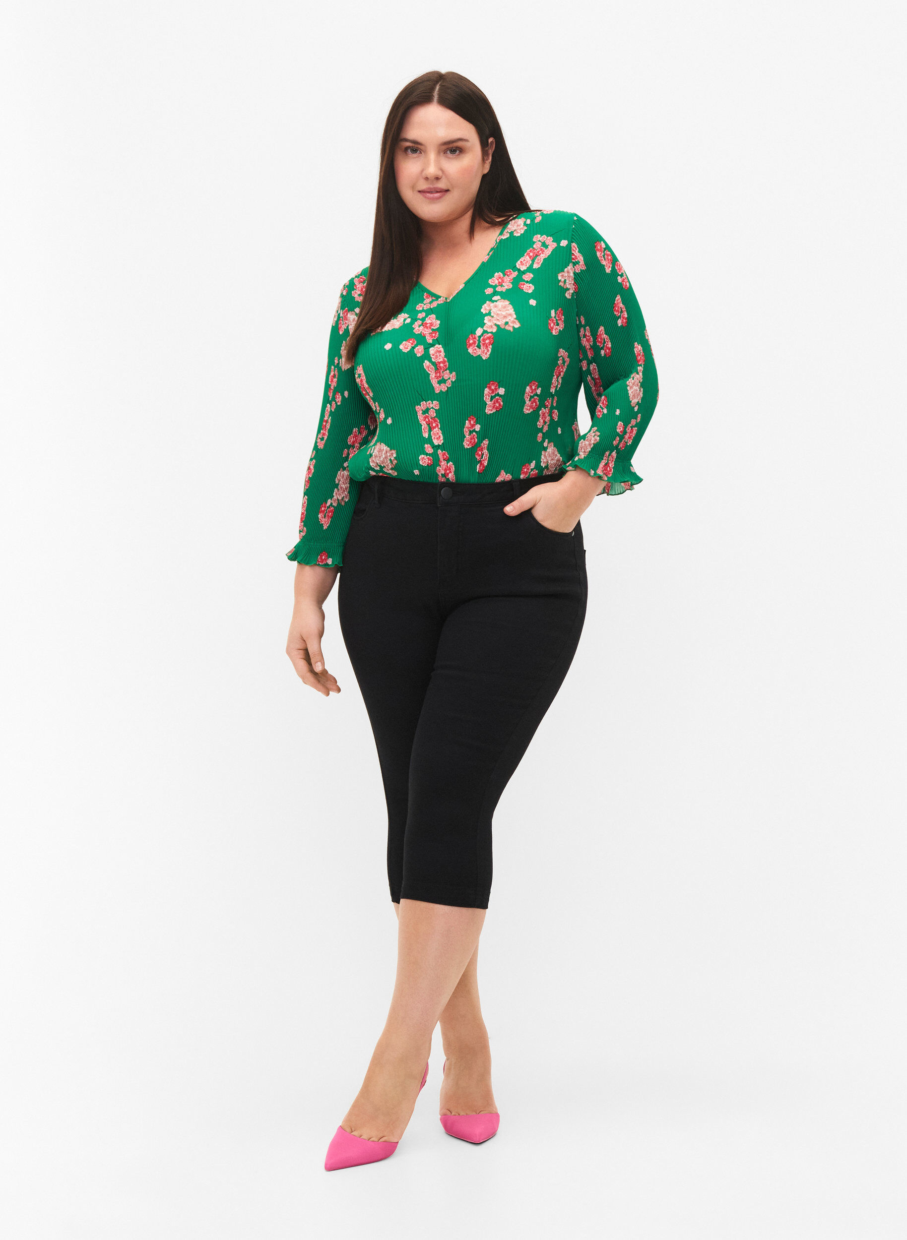 ZizziPlissierte Bluse mit 3/4-&Auml;rmeln, Jolly Green Flower, Model image number 2