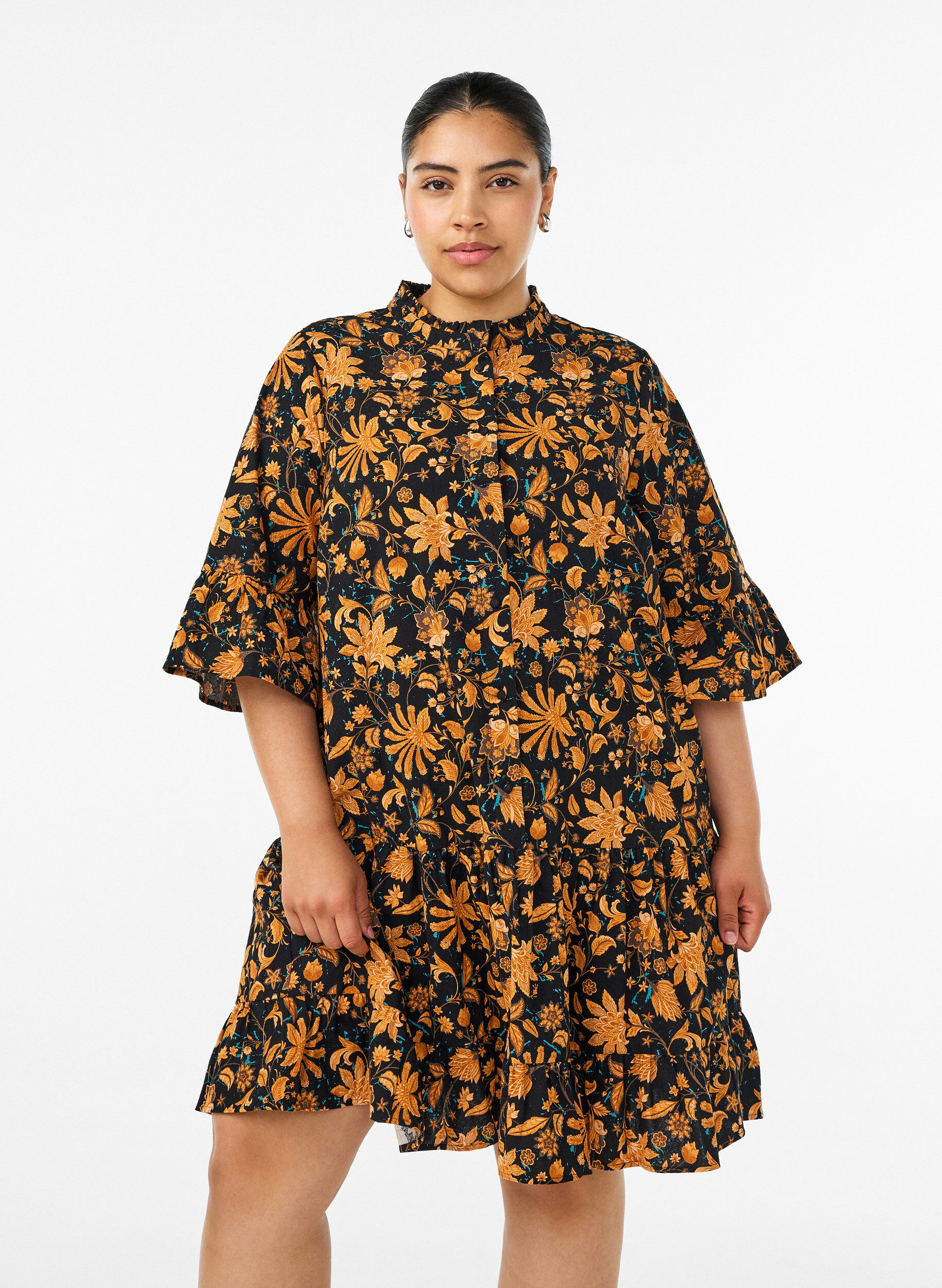 ZizziGebl&uuml;mtes Kleid aus Baumwolle mit R&uuml;schendetails und lockerer A-Linien-Form, Orange, Model image number 0