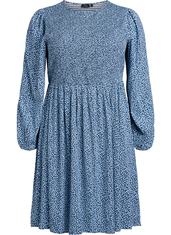 Kleid mit gesmoktem Oberteil und kleingebl&uuml;mtem Muster, Blau, Packshot image number 0