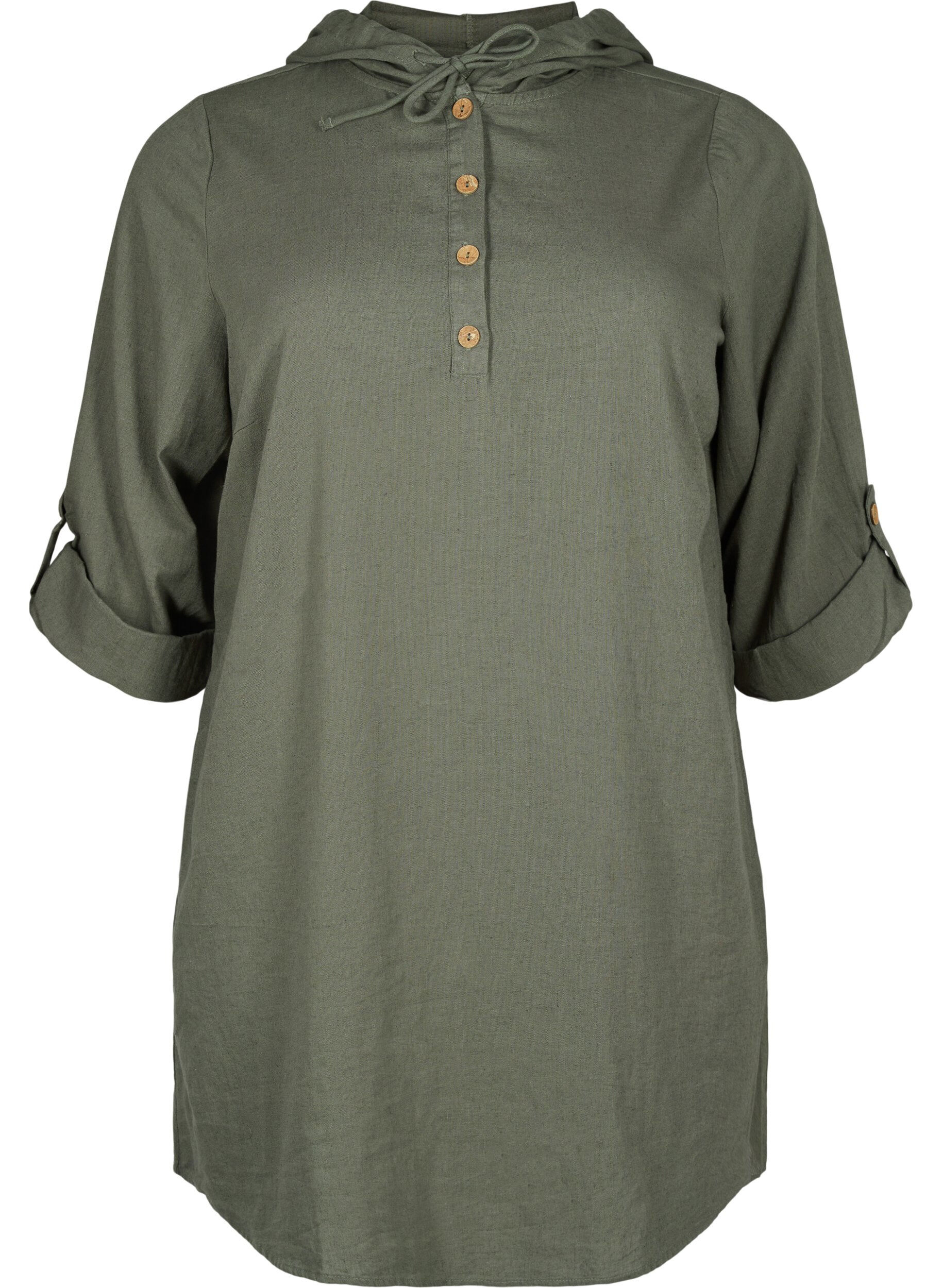 ZizziTunika mit Kapuze aus Baumwolle und Leinen, Thyme, Packshot image number 0