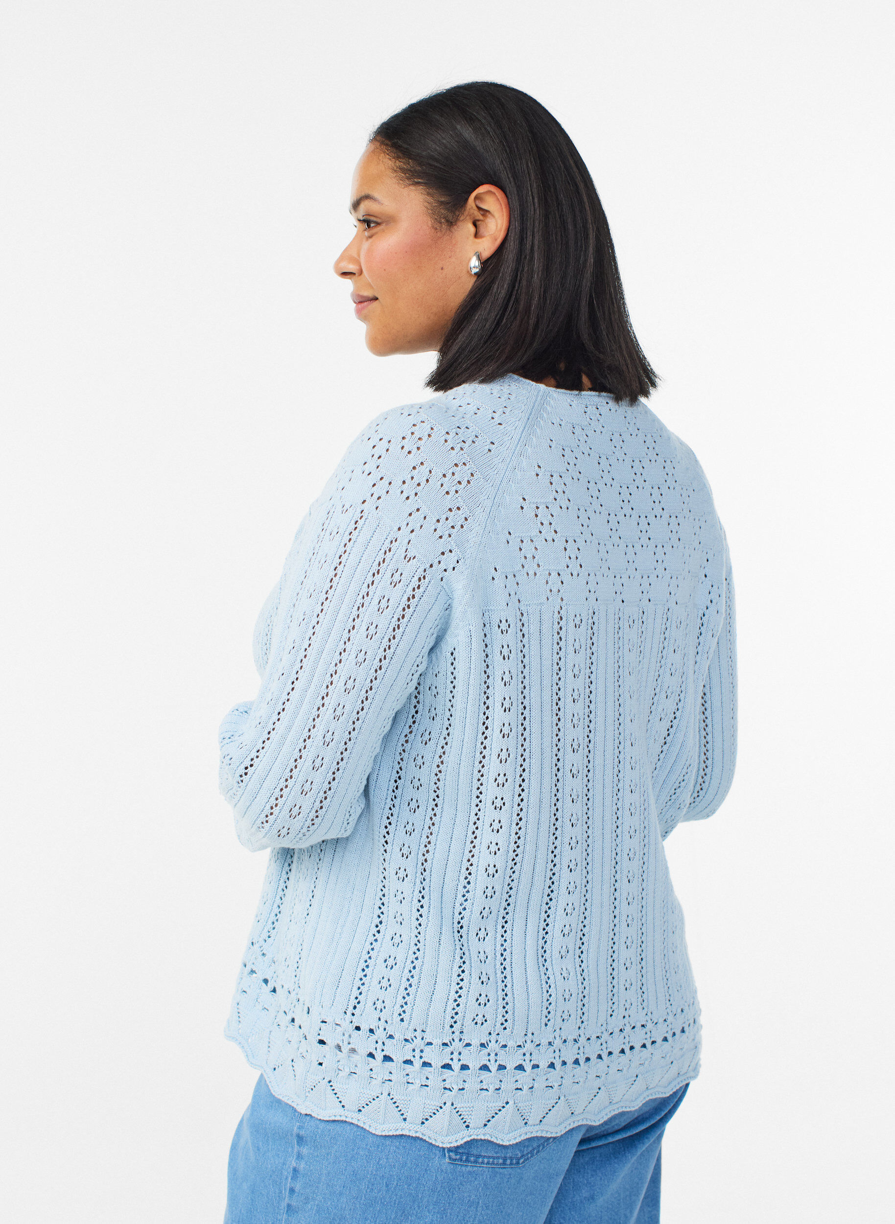 ZizziStricktop mit Lochstickerei und 3/4-&Auml;rmeln, Blau, Model image number 2