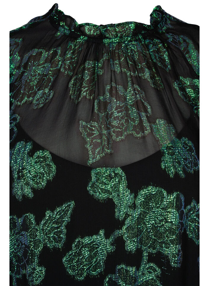 Gebl&uuml;mtes Viskosekleid mit Lurexstruktur, Black w. Green Lurex, Packshot image number 2