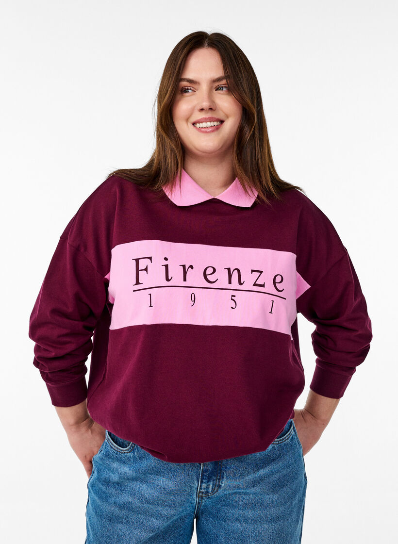 Sweatshirt aus Bio-Baumwolle mit Kragen und Kontrastprint, Dunkles Bordeaux, Model image number 0