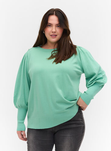 Bluse mit Ballonärmeln und dekorativen Knöpfen, Dusty Jade Green Mel, Model image number 0