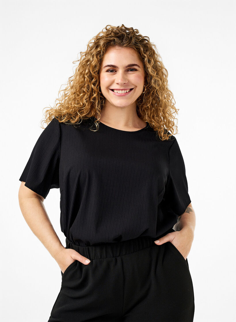 Kurzärmelige Bluse aus Viskose mit Schleifen, Black, Model image number 0