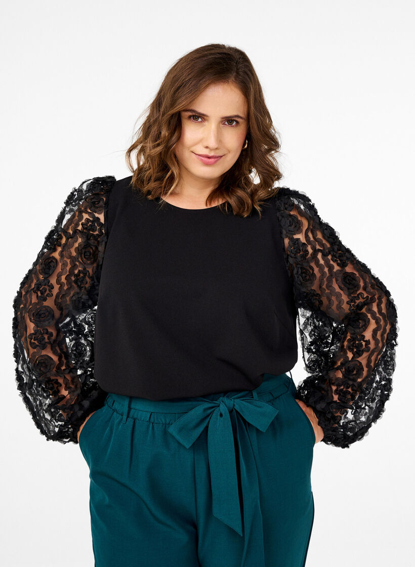 Bluse mit 3D-Blumen, Black, Model image number 0