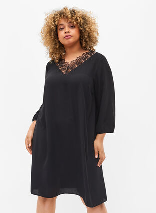 Kleid mit Spitze und 3/4 Ärmeln, Black, Model image number 0