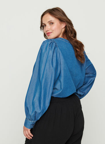 Bluse mit langen Puffärmeln und Knöpfen, Blue denim, Model image number 1