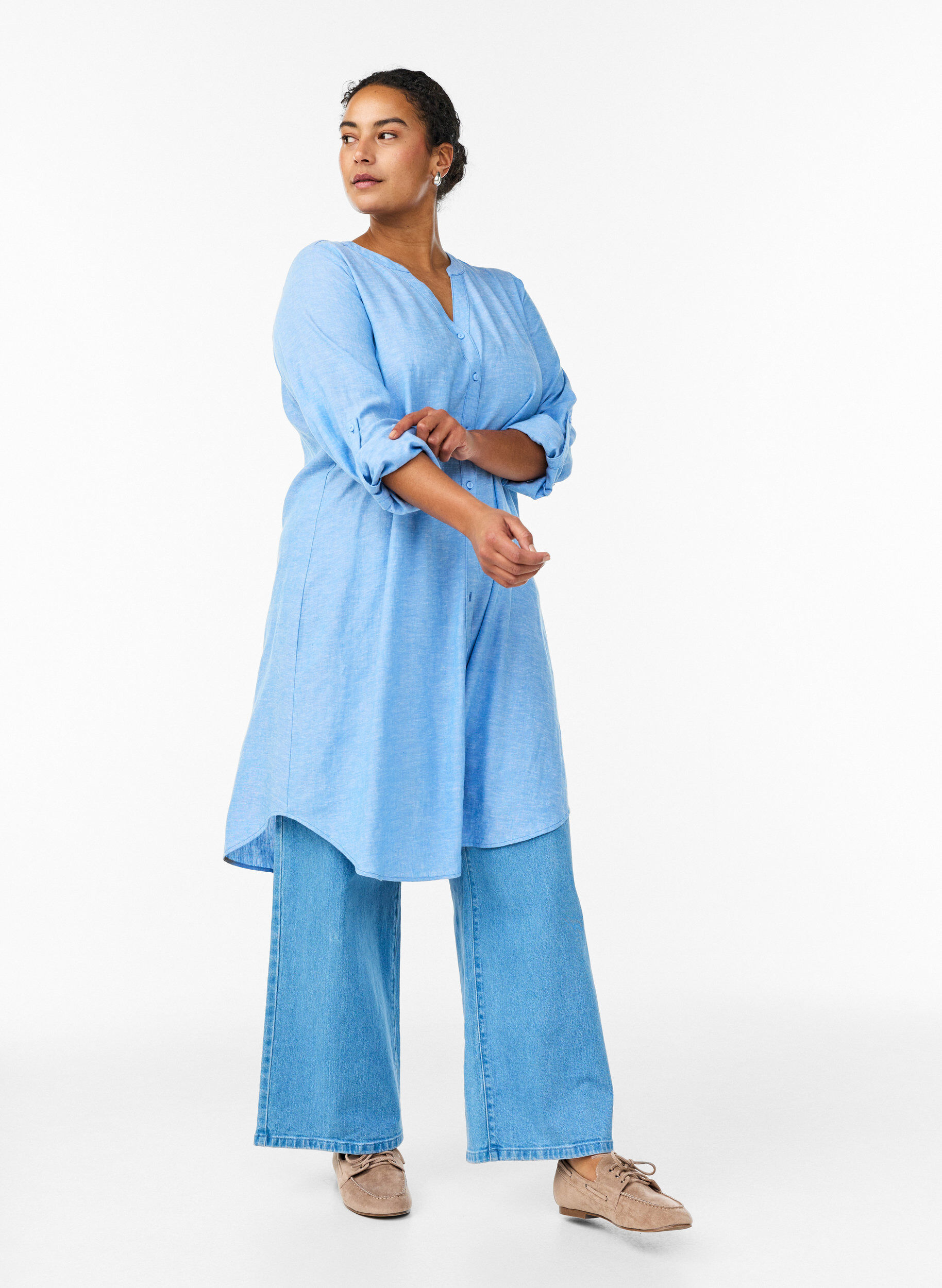 ZizziLange Bluse aus Leinen und Viskose, Blau, Model image number 1