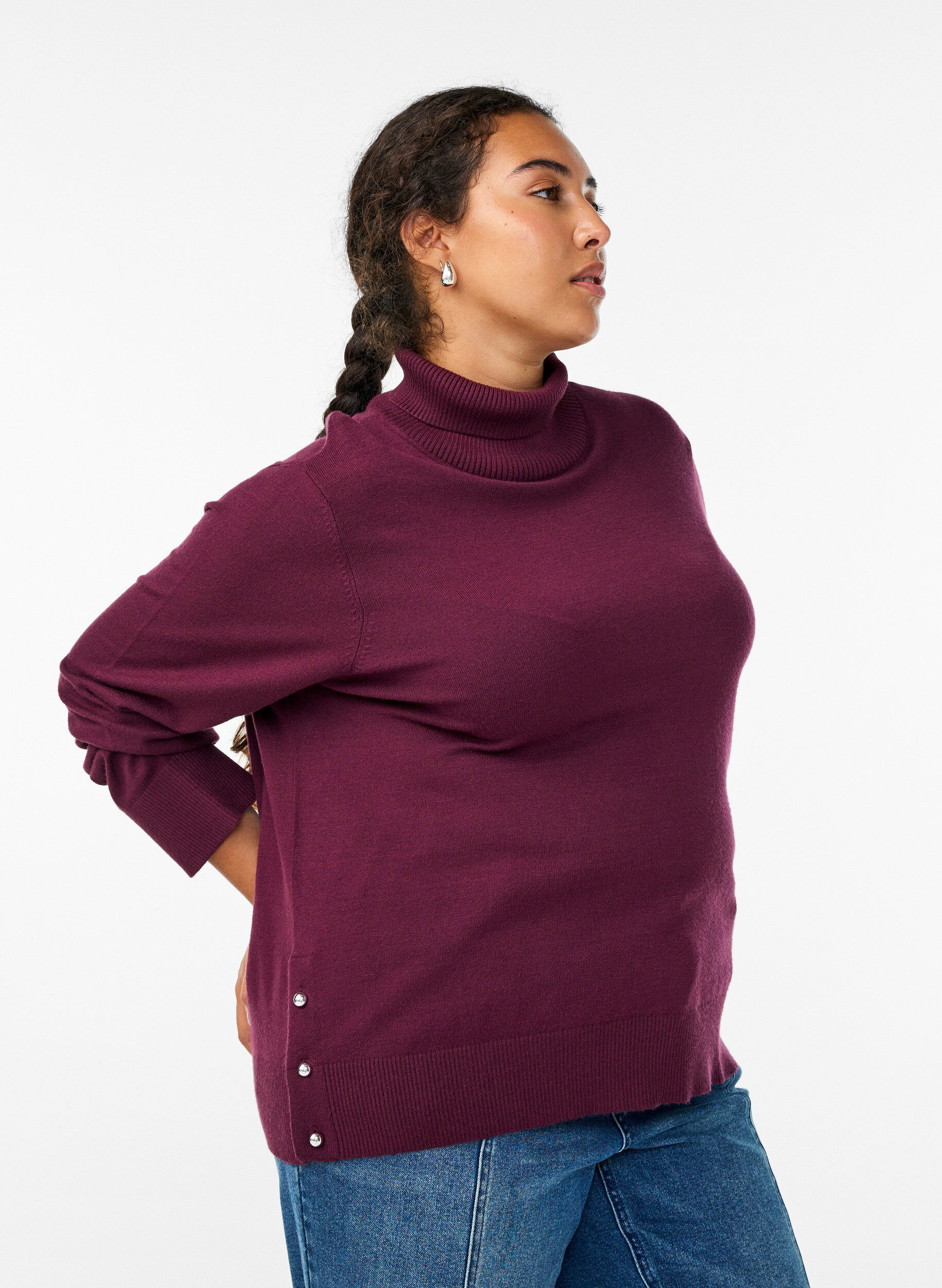 ZizziStrickbluse mit Rollkragen und seitlichen Kn&ouml;pfen, Dunkles Bordeaux, Model image number 3