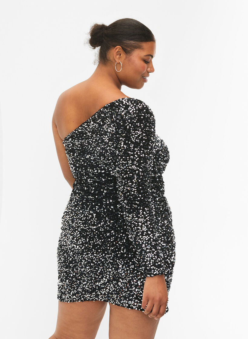 Kurzes One-Shoulder-Kleid mit Pailletten, Black/Silver Sequins, Model image number 1