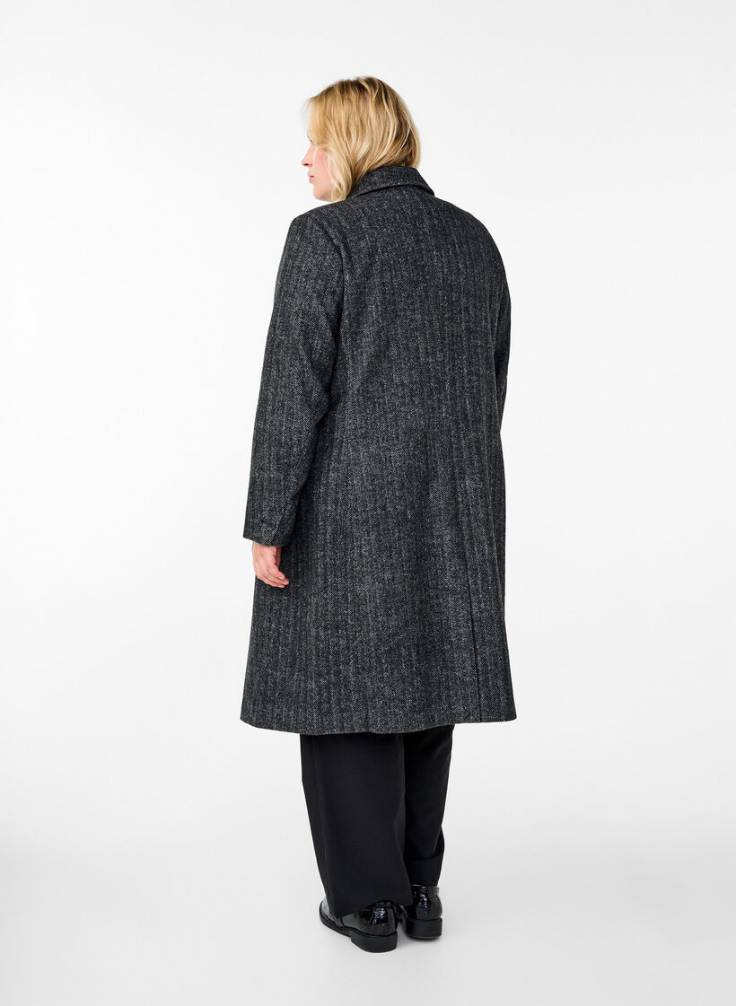 Langer Wollmantel mit Fischgrätenmuster, Dark Grey Melange, Model image number 1