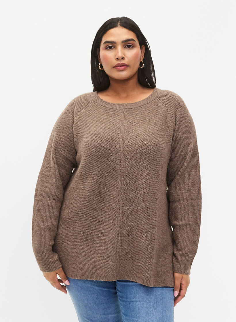 Melange-Pullover mit Seitenschlitz, Walnut/White Mel., Model image number 0