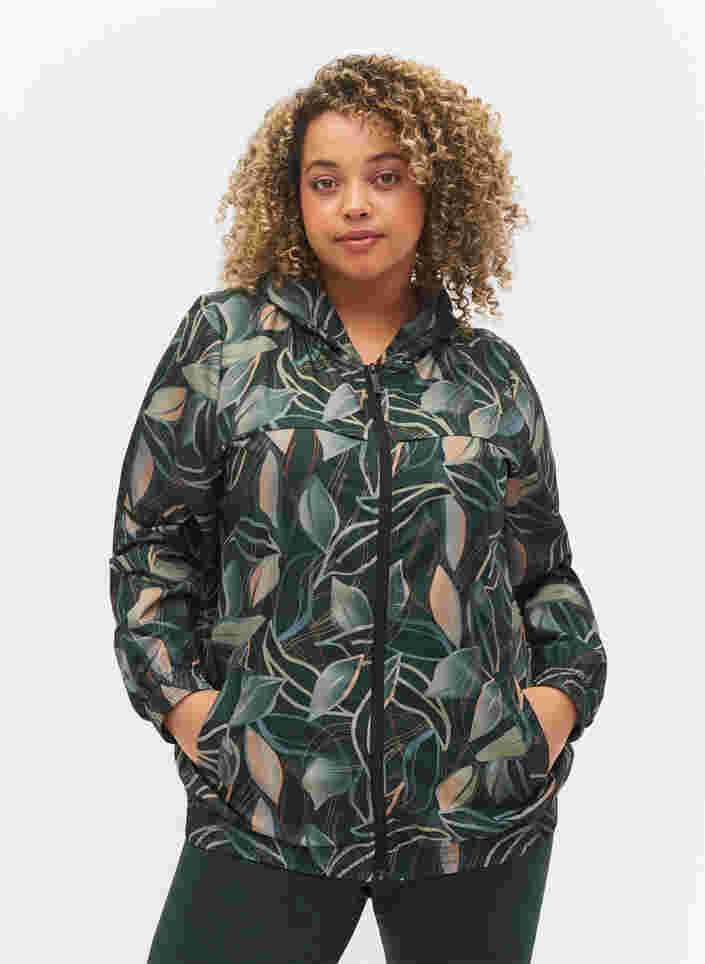 Bedruckte Trainingsjacke mit Kapuze und Reißverschluss, Leaf Print, Model image number 0