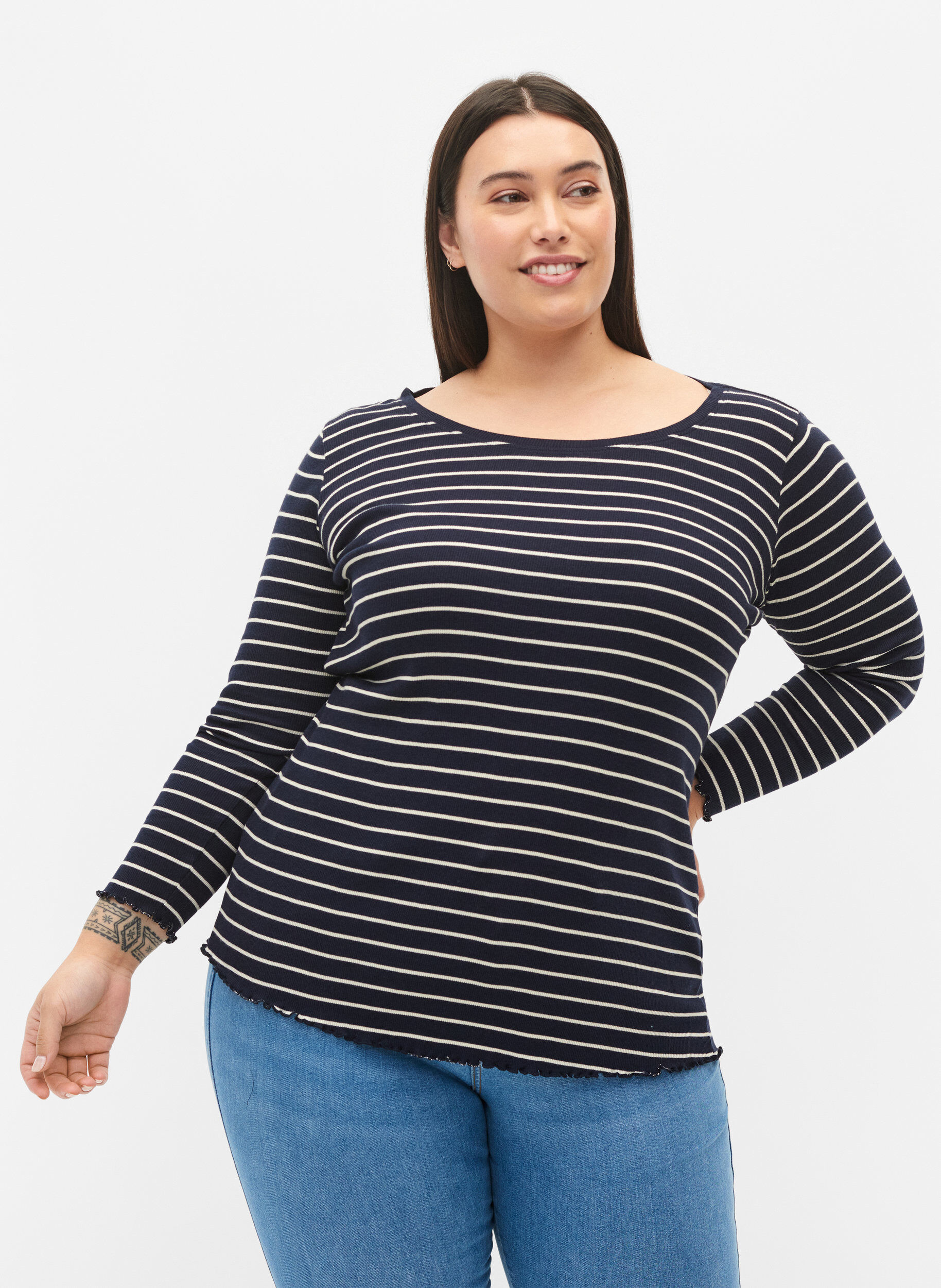ZizziGestreifte Bluse mit Rundhals, Night Sky Stripe, Model image number 0