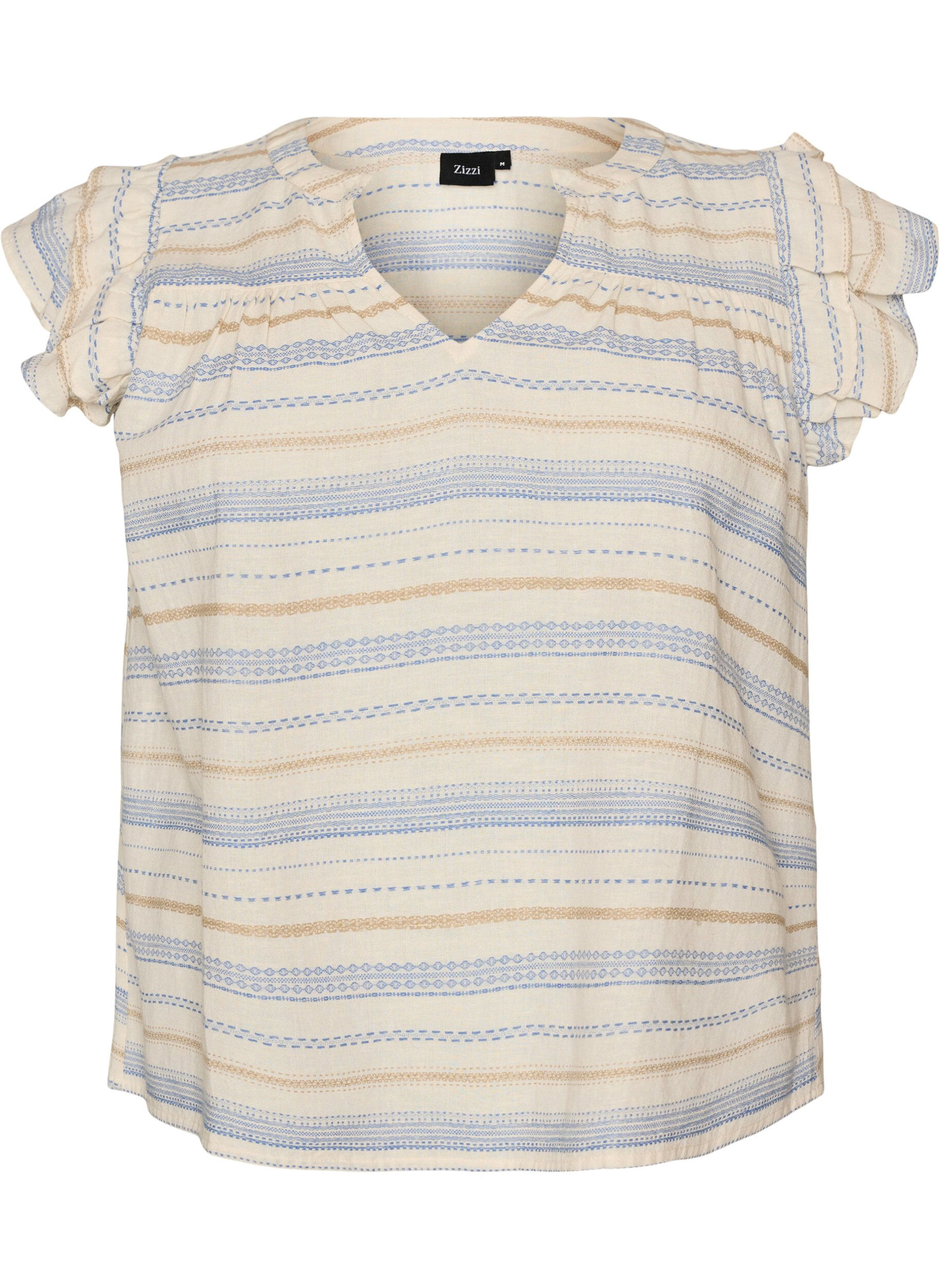 &Auml;rmellose Bluse mit R&uuml;schen und gemusterten Streifen