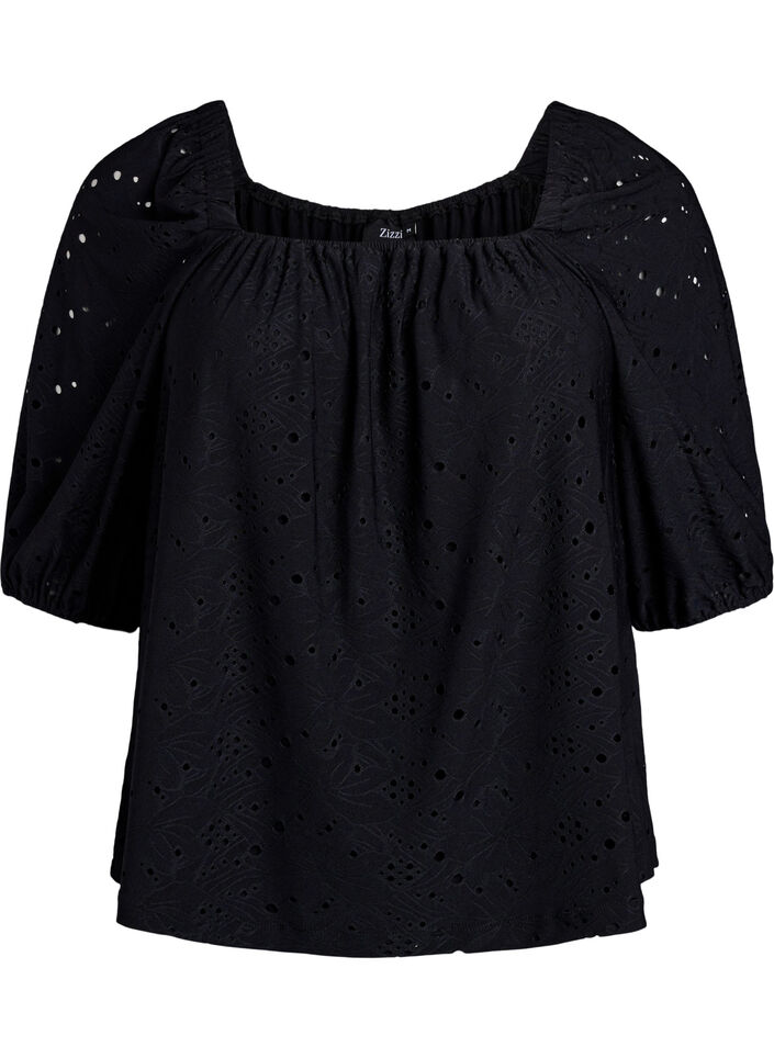 Bluse mit kurzen Puffärmeln und Lochmuster, Schwarz, Packshot image number 0